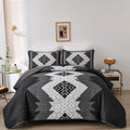 Boho Queen Quilt Set 3 Pieces Black Grey Aztec Texture Bedspread Coverlet Set