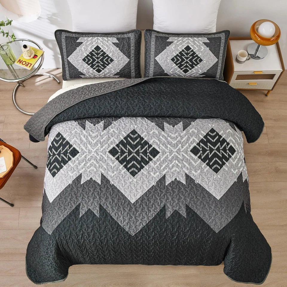 Boho Queen Quilt Set 3 Pieces Black Grey Aztec Texture Bedspread Coverlet Set