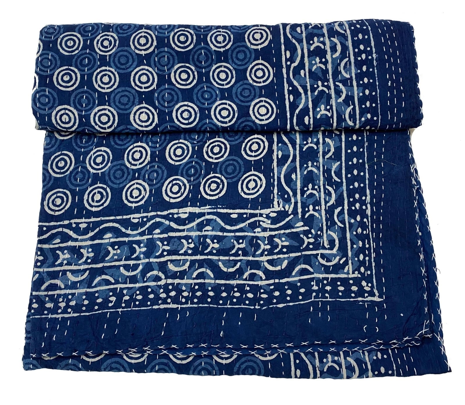 King Size Indigo BLUE Dyed Cotton Vintage Kantha Quilt throw, Handmade Blanket.