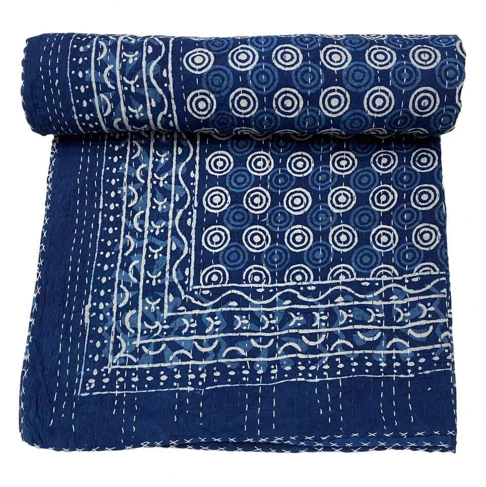 King Size Indigo BLUE Dyed Cotton Vintage Kantha Quilt throw, Handmade Blanket.